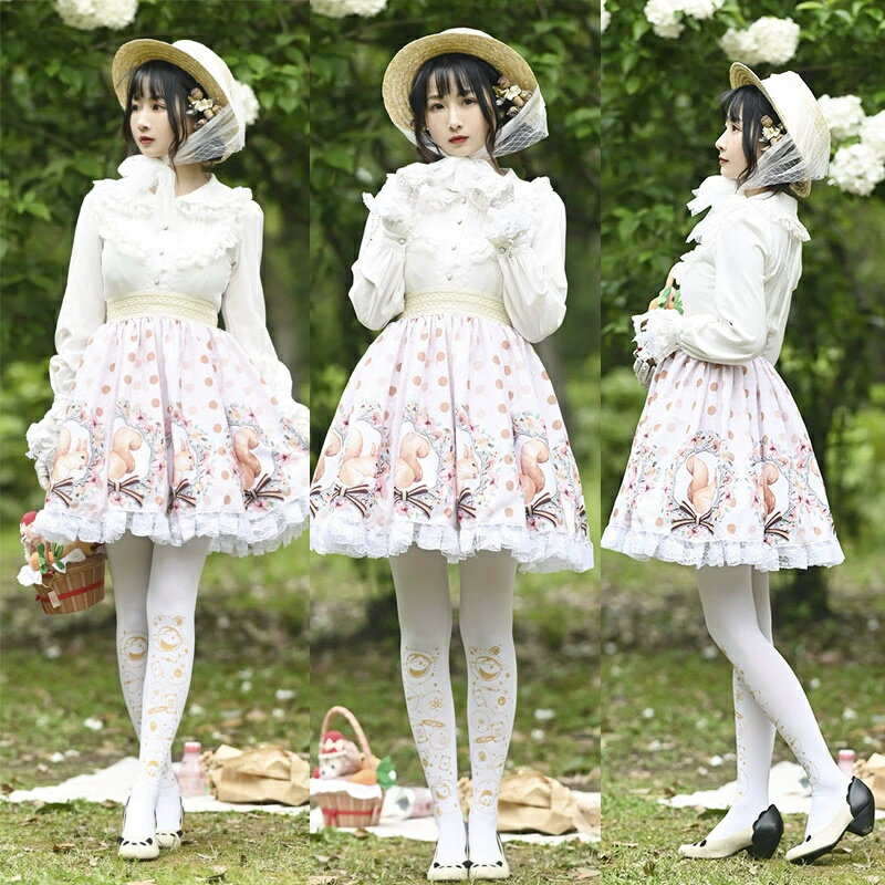 甘いロリータスカートボウライトアプリコットティーパーティーデイリーカジュアルレースロリータスカート かわいい 着やせ 脚長 ダンス 衣装 Aライン スカートウエストゴム　ポリエステル カジュアル　アイドル衣装