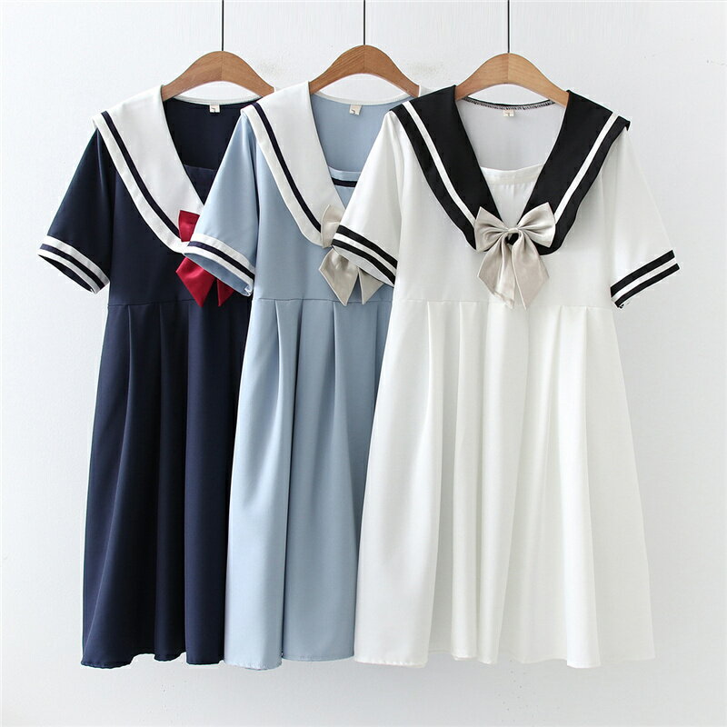 樂天商城 - 3色学院風セーラー服リボンシャツワンピ 半袖Aライン ミディアム丈 セーラー襟ワンピース切り替えライン 森ガール系ガーリーズ 甘可愛い イベント ハロウィン 仮装 変装