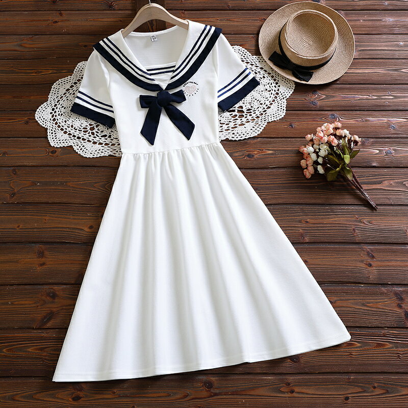 学院風セーラー服リボンシャツワンピ 半袖Aライン フレア ロングワンピース切り替えライン 森ガール系ガーリーズ 甘可愛い イベント ハロウィン 仮装 変装