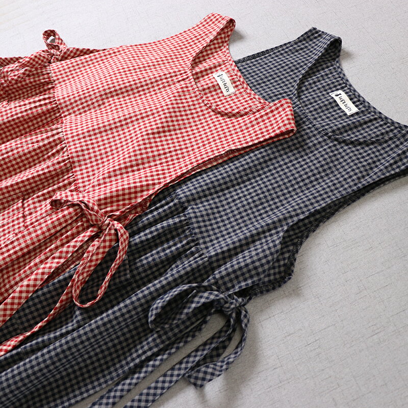 送料無料4色チェック柄 ワンピースギンガムチェックワンピースレトロ ノースリーブ タンクトップ 紐付きシンプルリネンワンピ綿麻ロング丈ミドル丈Aラインレディースフレアコットン ゆったり体型カバー大人女性デート通学通勤