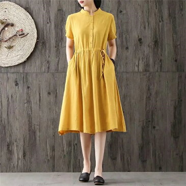 ワンピースレディースカジュアルウエスト調節チュニック体型カバー棉麻ロング丈ゆったり 膝丈 大きいサイズ 体型カバー 半袖 無地 妊婦服 リネン ナチュラル 夏