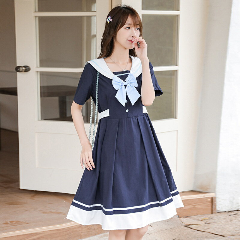 学院風セーラー襟シャツワンピースンAラインフレアマリ風甘可愛いワンピースロリータ学生 制服 女の子 大人可愛い文化祭ダンス衣装森ガール系