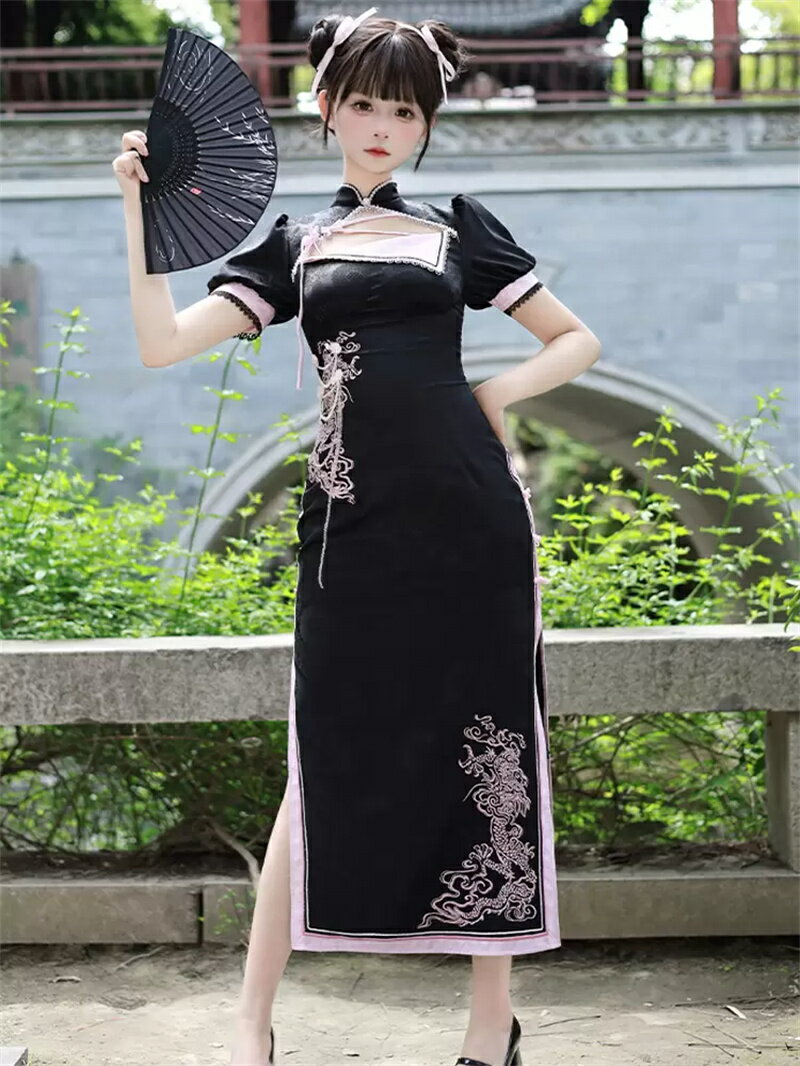 樂天商城 - チャイナドレス中国風ロリータドレス 織り半袖 ジャカード アニマルプリント 黒 中華風ロリータコスチュームコスプレ ドレス女性 セクシー フォーマル パーティードレス