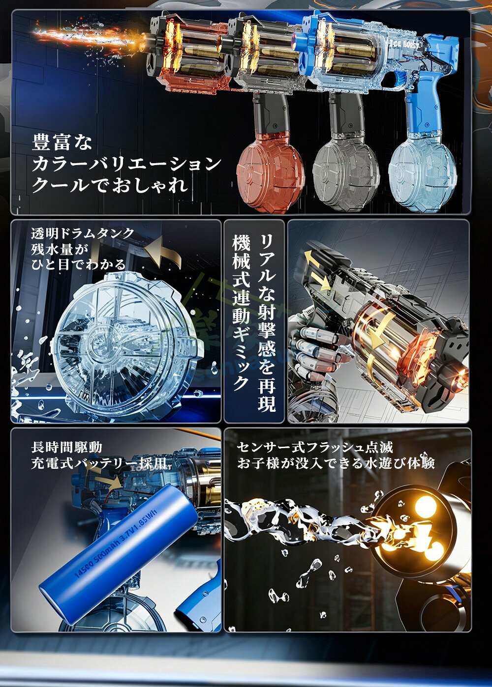 【無料ラッピング】電動水鉄砲 水鉄砲 充電式 連射式 ウォーターガン LED噴火バー...