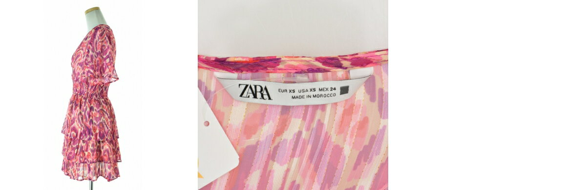 【中古】ZARA / ザラ8251/182/330 Vネック ティアード 総柄 ミニドレス半袖ワンピ...