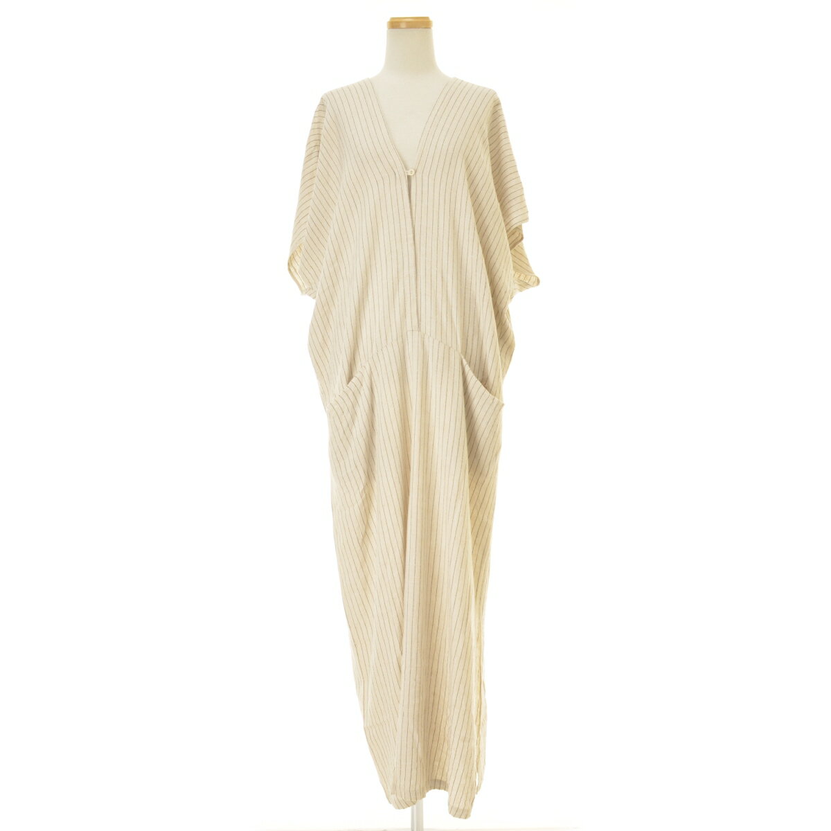 【中古】【期間限定値下げ】ZARA / ザラ4786/130/712 レーヨンリネン ストライプ カフタンドレスマキシ五分袖ワンピース【cacfaibd-l】