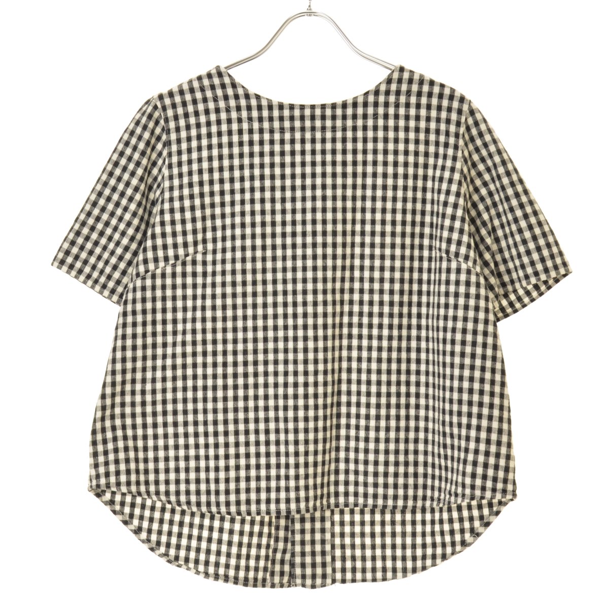 【中古】PLEASED CLOTHESノーカラー ギンガムチェック コットンリネン バックボタン半袖シャツ【cacgajae-l】