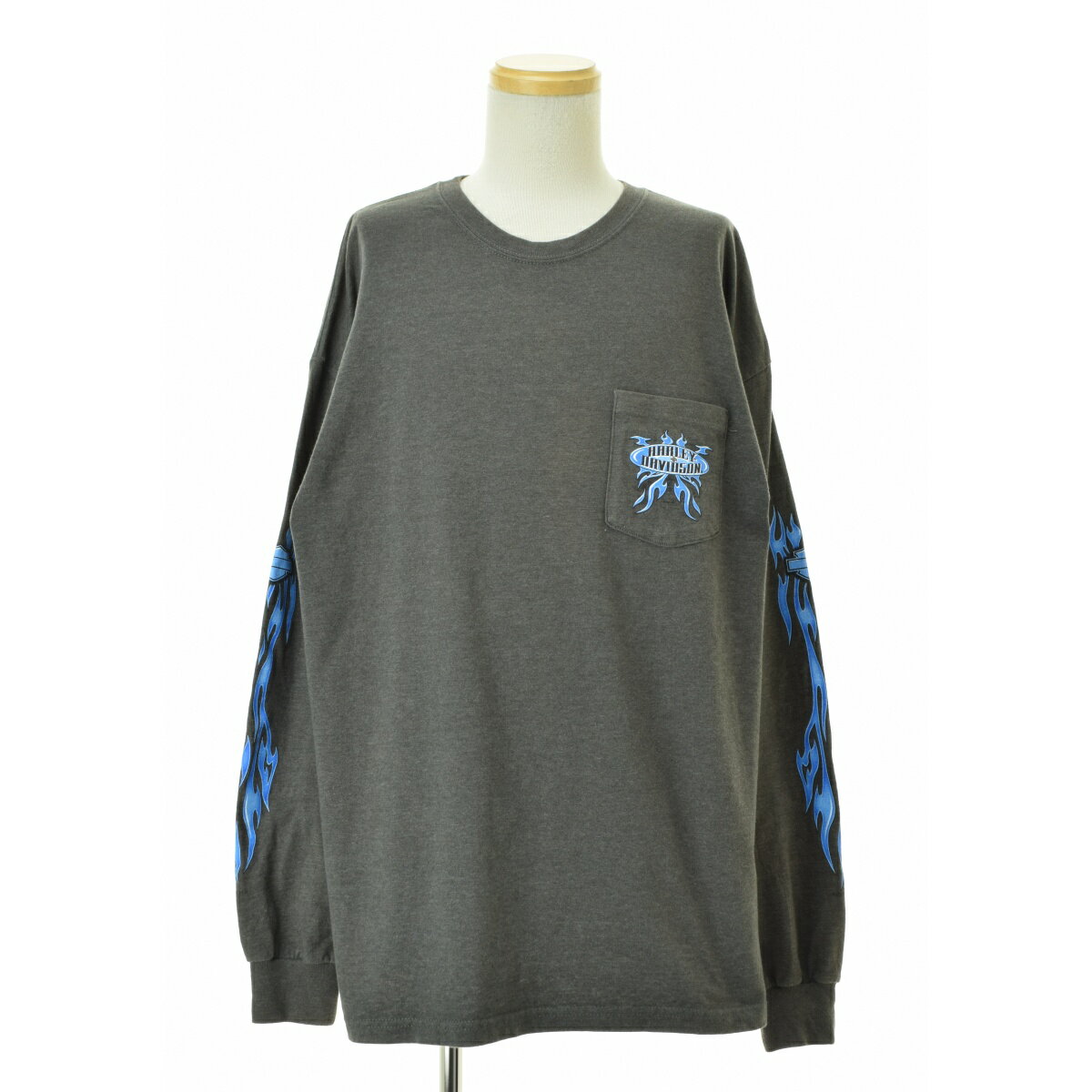 【中古】HARLEY DAVIDSON / ハーレーダビッドソン00s USA製 Blue Flame ブルーフレイム ケット付き長袖Tシャツ【cacfbbbe-m】