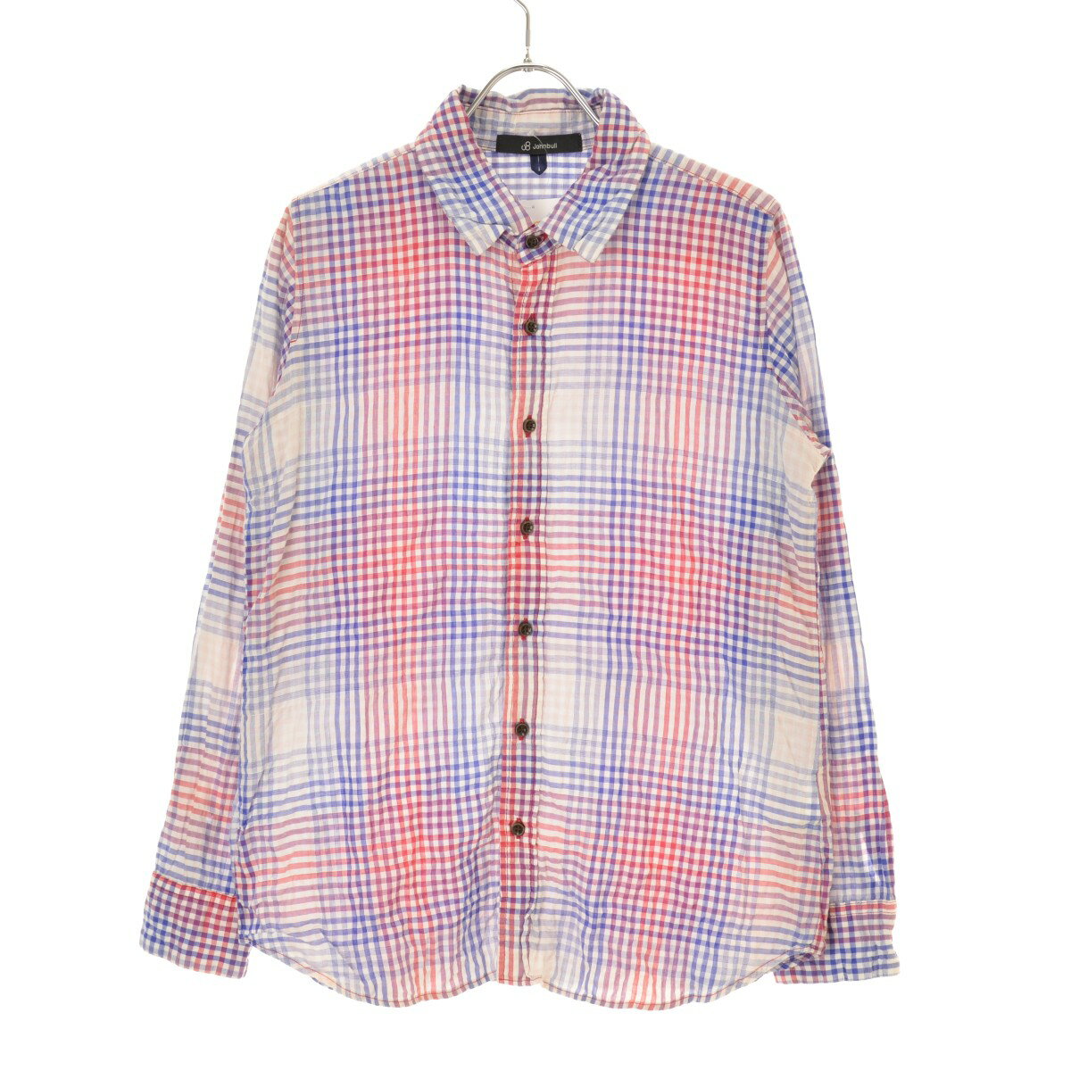 新品同様 JOHNBULL ジョンブル チェック柄 シャツ カットソー ブラウス バンドカラー チュニック 長袖 ベージュ系 レディース 古着 中古 USED シアーシャツチェック長袖チュニック 663969（シャツ/ブラウス