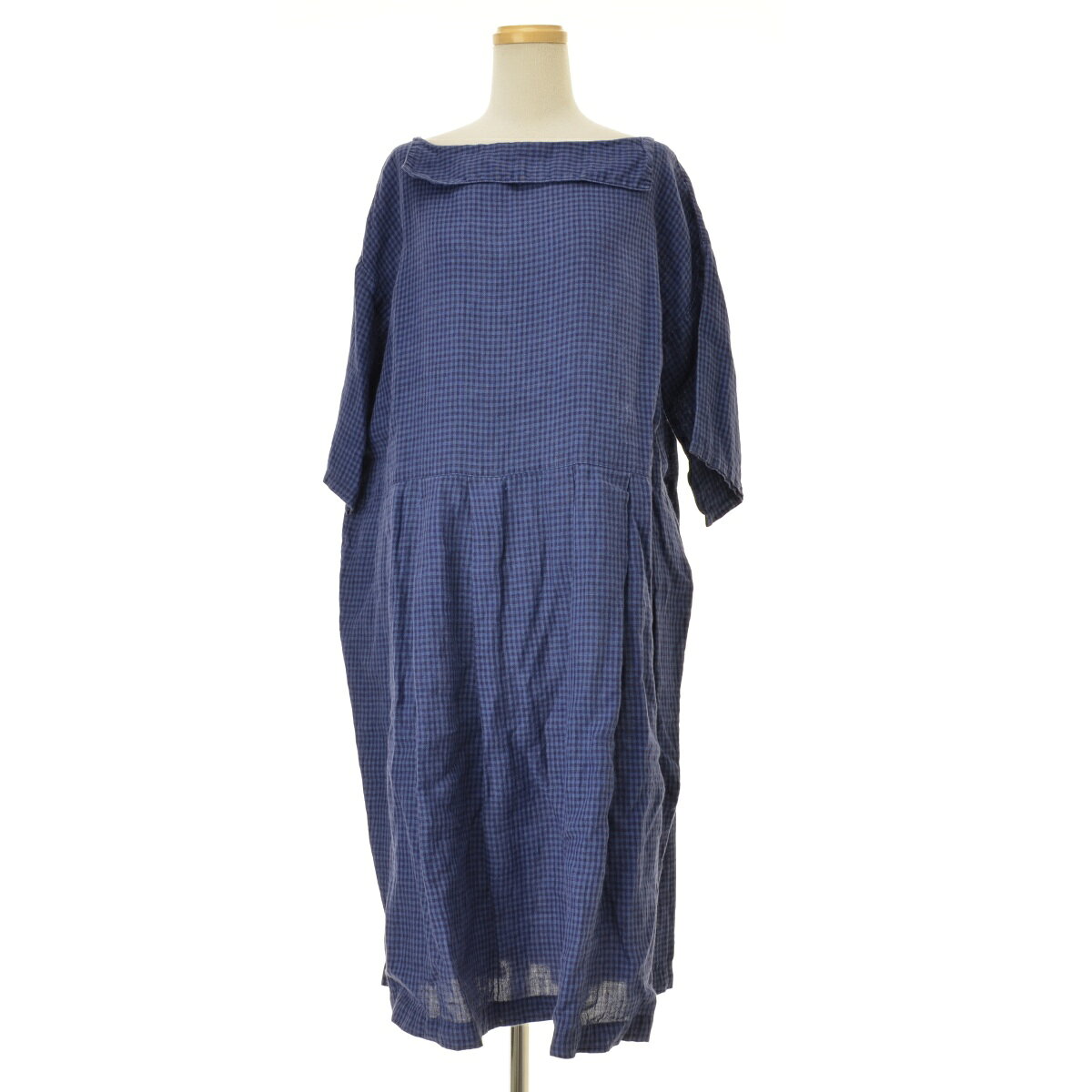 Rakuten - 【中古】fog linen work / フォグリネンワークギンガムチェック リネン ワイド フレア七分袖ワンピース【cacgabba-l】