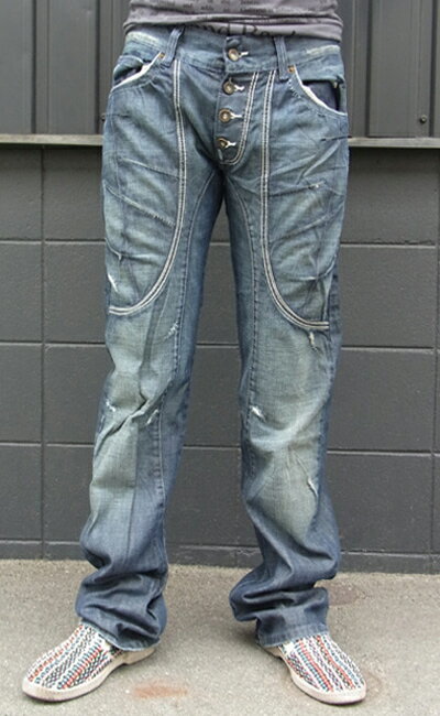 ブレイ スティーブ アラン(BRAY STEVE ALAN) メンズ 激レア ヴィンテージウォッシュ加工 クラッシュデニム ジーンズデザイングカット デニム ジ...