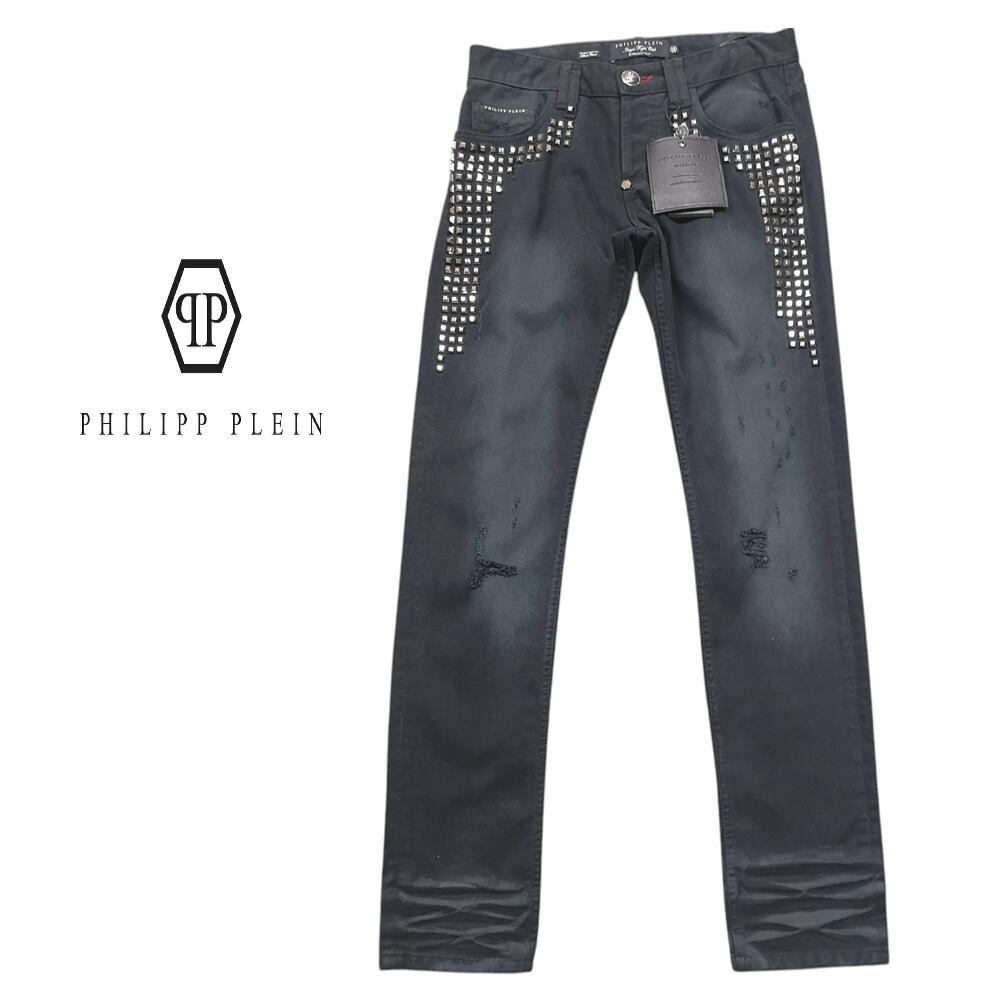 Rakuten - PHILIPP PLEIN　フィリッププレイン メンズ ピラミッドスタッズ クラッシュブラック デニム 591220新品 送料無料