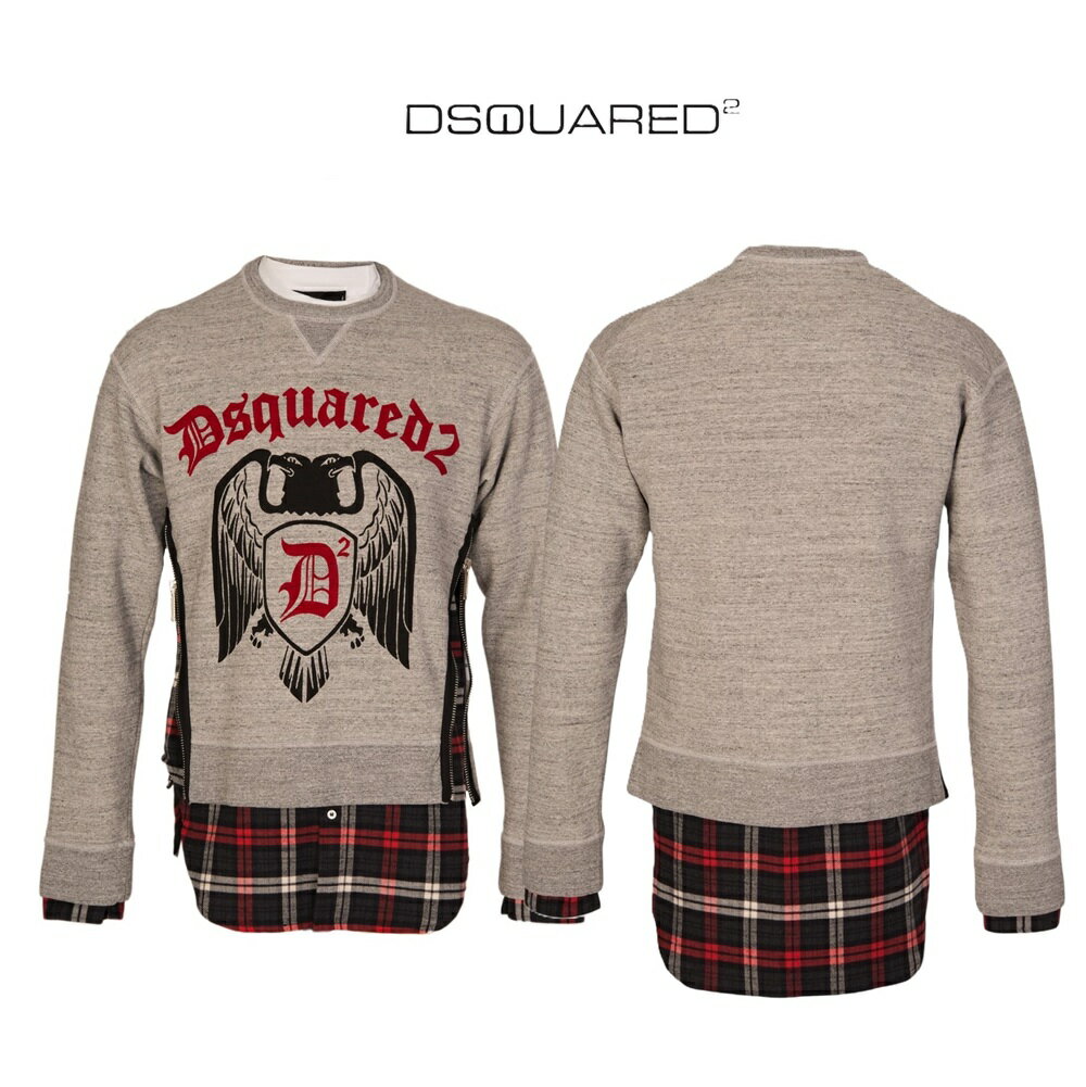 Rakuten - ディースクエアード (DSQUARED2)　 メンズ レイヤードチェックシャツ【グレー】サイドジップ メンズ 新品　イタリア製ー メンズ クルーネック 丸首 ロングスリーブ ロゴプリント DSQUARED2-S71GU0200新品未使用　送料無料