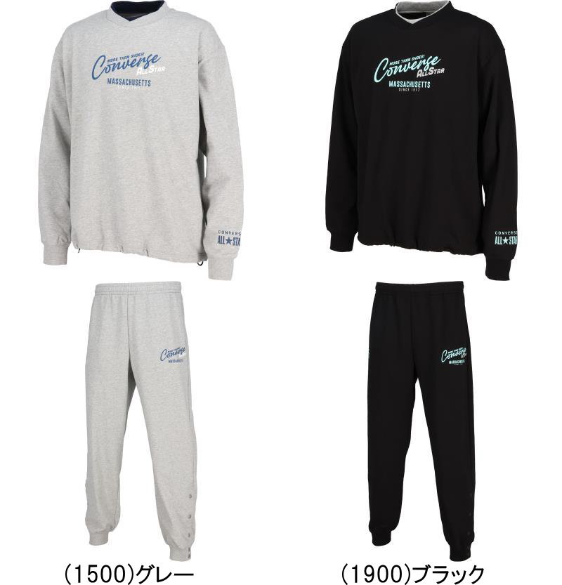 ※店頭在庫品 ■メーカー コンバース（CONVERSE） ■品番 CB262251 + CB262252 ■品名 バスケット スウェットパーカー + パンツ上下セット ■カラー (1500)グレー (1900)ブラック ■サイズ (S)身長162〜167・胸囲86〜90・ウエスト72〜76cm (M)身長167〜172・胸囲90〜94・ウエスト76〜80cm (L)身長172〜177・胸囲94〜98・ウエスト80〜84cm (O)身長177〜182・胸囲98〜102・ウエスト84〜88cm (XO)身長182〜187・胸囲102〜106・ウエスト88〜92cm ■品質・素材 ポリエステル・綿% 裾ボタン仕様 ■特徴 ヴィンテージ・スウェットに見られる手書き風ロゴのスウェットシャツ。スピンドル仕様の裾で、着丈やシルエットの調整が可能。 シューズを履いたまま着脱できる裾ボタン仕様。