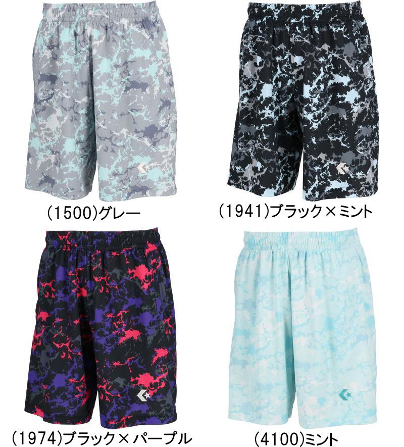 ※店頭在庫品 ■メーカー コンバース（CONVERSE） ■品番 CB262865 ■品名 バスケットパンツ プラクティスパンツ ポケット付き バスパン ■カラー (1500)グレー (1941)ブラック×ミント (1974)ブラック×パープル (4100)ミント ■サイズ (M)身長167〜172・胸囲90〜94・ウエスト76〜80cm (L)身長172〜177・胸囲94〜98・ウエスト80〜84cm (O)身長177〜182・胸囲98〜102・ウエスト84〜88cm (XO)身長182〜187・胸囲102〜106・ウエスト88〜92cm ■品質・素材 ポリエステル100％ ■特徴 迷彩柄のグラフィックを全面昇華プリントしたプラクティスパンツ。柔らかな肌触りに吸汗速乾を兼ね揃えたアイテム。