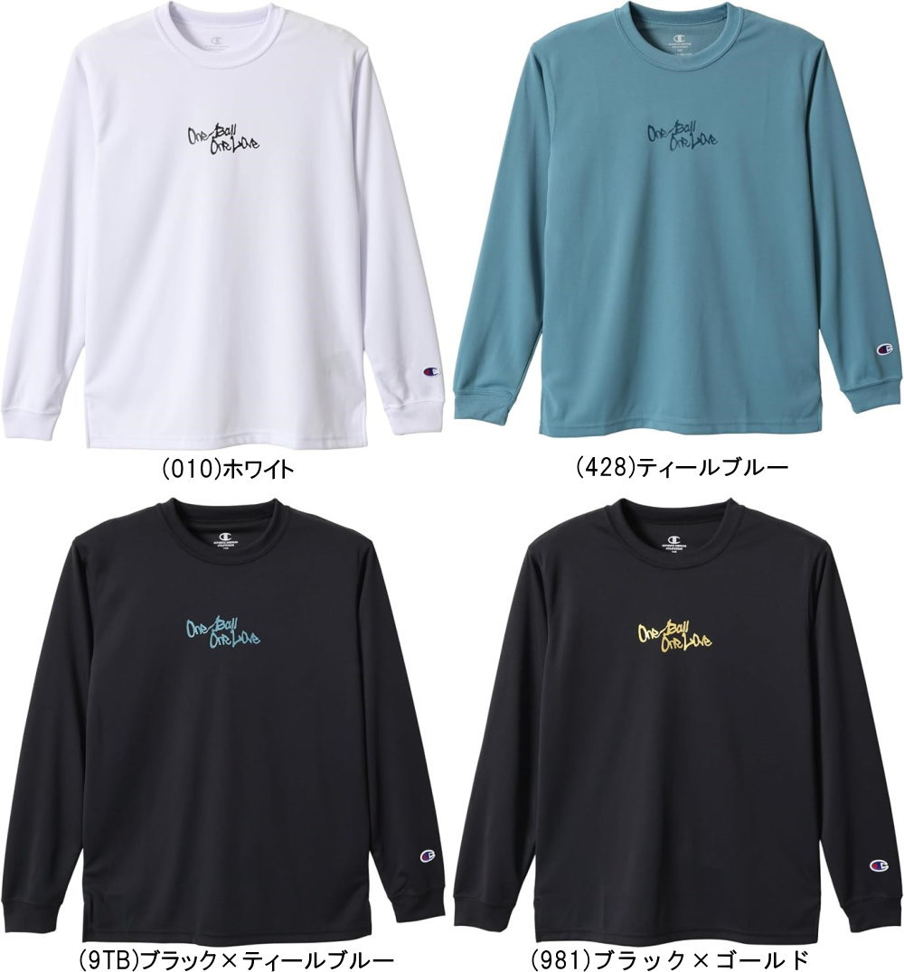 ※店頭在庫品 ■メーカー チャンピオン（CHAMPION） ■品番 CK-EB420 ■品名 バスケット ジュニア用 ミニ ロングスリーブ 長袖 Tシャツ ■カラー (010)ホワイト (428)ティールブルー (9TB)ブラック×ティールブルー (981)ブラック×ゴールド ■サイズ (140)身長135〜145・胸囲65〜72・ウエスト54〜62cm (150)身長145〜155・胸囲70〜78・ウエスト58〜66cm (160)身長155〜165・胸囲76〜84・ウエスト62〜70cm ■品質・素材 ポリエステル100% ■特徴 吸汗速乾機能、UVカット機能を備え、通気性に優れた素材に、汗によるニオイの発生をアクティブに抑制し続ける抗菌防臭機能加工を行った生地を使用したジュニアロングスリーブTシャツです。胸に「One Ball One Love」、背中にもボディカラーと同系色で「One Ball One Love」と大きく縦にラバープリントで入れています。