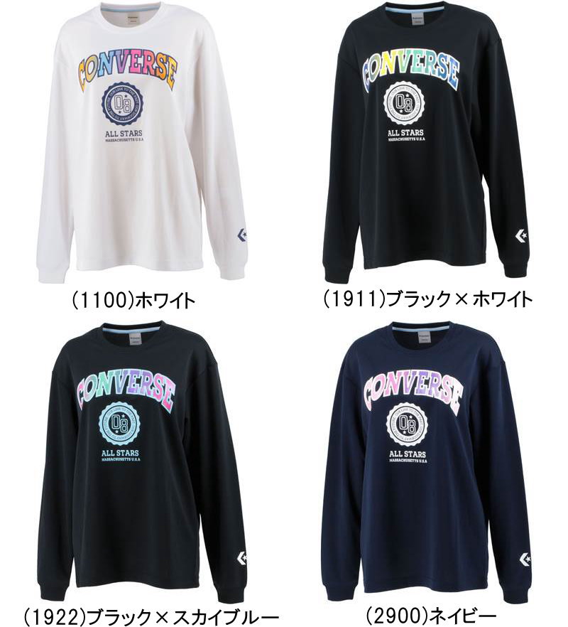 ※店頭在庫品 ■メーカー コンバース（CONVERSE） ■品番 CB322354L ■品名 バスケット ウィメンズ プリントロングスリーブ 長袖 Tシャツ 女性 女子用 ■カラー (1100)ホワイト (1911)ブラック×ホワイト (1922)ブラック×スカイブルー (2900)ネイビー ■サイズ ウィメンズサイズ (M)身長157〜162・バスト81〜85・ウエスト62〜66・ヒップ90〜92cm (L)身長162〜167・バスト84〜88・ウエスト65〜69・ヒップ92〜94cm (O)身長167〜172・バスト87〜91・ウエスト68〜72・ヒップ94〜96cm ■品質・素材 ハイデンシティニット（ポリエステル100％） ■特徴 女子をターゲットにしたウィメンズシリーズ。吸汗、速乾性に優れているので、運動中の肌へのベタつきを軽減。より透けにくい素材にバージョンアップしました。ロゴデザインをカラフルなプリントで仕上げた人気モデル。