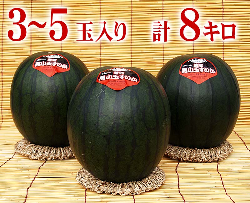 (送料無料) 北海道産　小玉黒すいか　3～5玉入りで 合計8kg前後　糖度12度の甘いスイカです。したたり落ちる果汁、冷蔵庫にも入れやすい小さい黒西瓜。旬のフルーツグルメ食品 フルーツ・果物 スイカ 小玉スイカ(ギフト お中元)