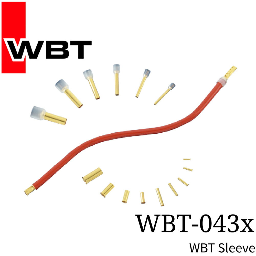 バリエーション WBT-0430 1.0φ 20AWG 250pcs WBT-0431 1.4φ 18AWG 250pcs WBT-0432 1.6φ 17AWG 150pcs WBT-0433 1.8φ 15AWG 100pcs WBT-0434 2.2φ 13AWG 100pcs WBT-0435 2.9φ 11AWG 200pcs WBT-0436 3.6φ 9AWG 125pcs WBT-0437 4.5φ 7AWG 100pcs ※ 仕様およびデータは独WBT社発表によるもので、仕様および外観は改善のため予告無く変更することがあります。高伝導の電解銅に24金のダイレクトメッキを施したハイクオリティモデルです。
