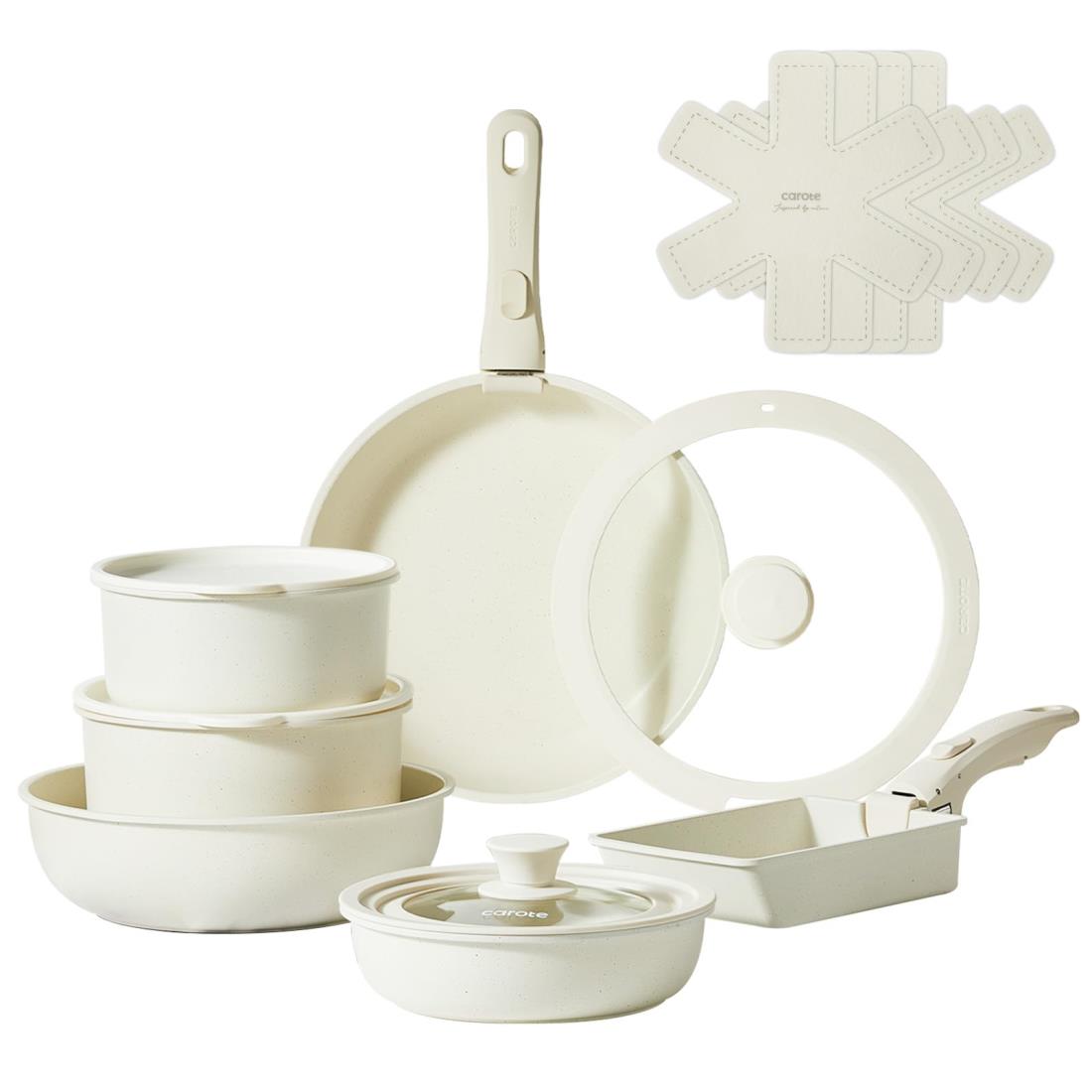 CAROTE カローテ フライパン セット 12点 IH対応 ガス火対応 PFOA PFOS フリー 鍋セット 取っ手のとれる マーブルコート こびりつきにくい 手入れ簡単 ベージュ アイスクリームシリーズ