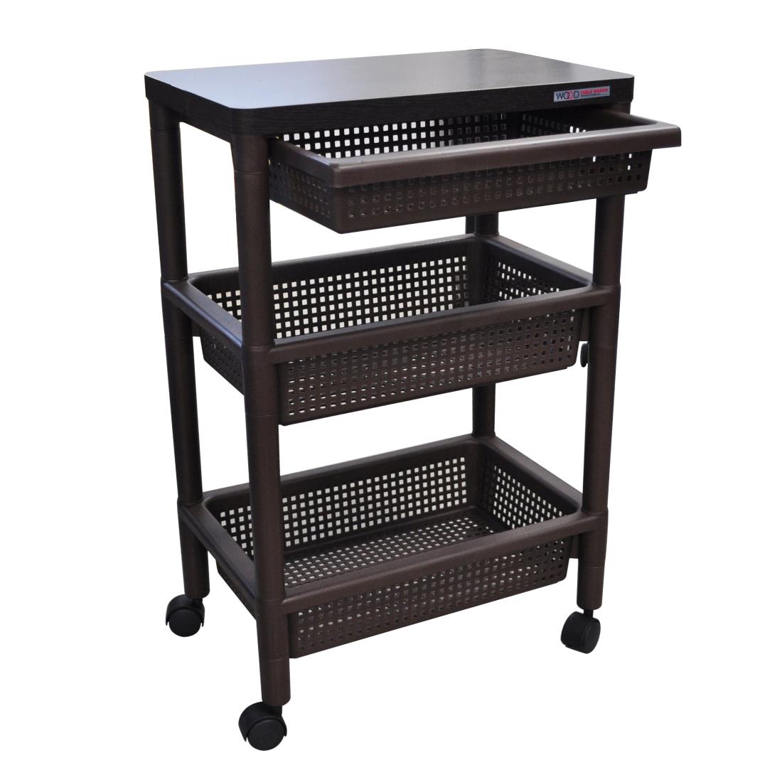 不動技研 ウッドテーブルワゴン WTW-3HS ブラウン 引き出しバスケット付き 木製フラット天板 キャスタ..