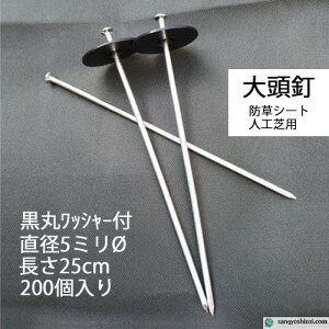 黒丸ワッシャー付き 大頭釘 長さ25cm 太さ5mm 200個入/CS 黒丸釘 押さえピン 押さえ釘 デカピン パッドセット 防草シート 除草シート 人工芝 造園 園芸 ガーデニング