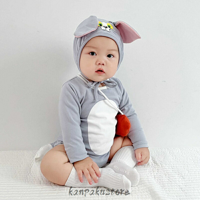 ベビー ロンパース ベビー服 子供 カバーオール ハロウィン 衣装 ネズミ ネコ 鼠 猫 コスプレ 帽子付き 2点セット 赤ちゃん 女の子 男の子 コスチューム 仮装 かわいい 帽子 新生児服 秋 冬 着ぐるみ 撮影 写真 誕生日 出産祝い プレゼント 66 73 80 90 お出かけ着 部屋着