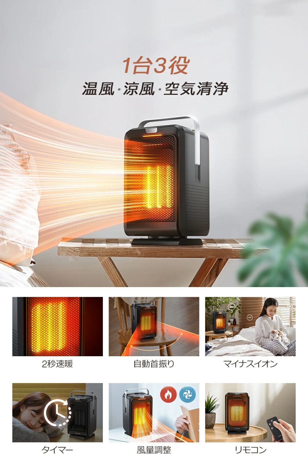 90°自動首振り 風量2段階 温風 涼風 マイナスイオン発生 卓上 オフィス 足元 ヒー...