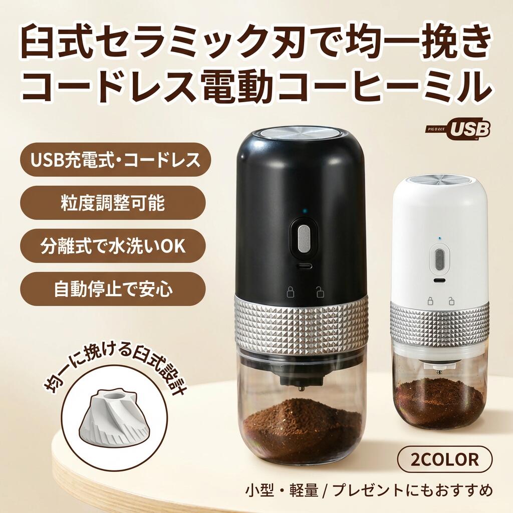 【商品仕様】 内容物：本体、清掃用ブラシ、USBケーブル 本体サイズ：高さ188直径75mm 重量：約360g 容量：25g（2杯分） バッテリー容量：1250mAh 電圧：3.7V 充電電圧：5V/1A 充電時間：約3時間 消費電力：13W 電源：TYPE-C充電 【商品説明】 【ワンタッチ操作自動停止】 電動コーヒーミルはシンプルなワンタッチ操作、忙しい時間も有効利用可能で、家事時間短縮して一緒にゆっくり香り満々のコーヒーを楽しんでください。ミルは両モード選択可、自動停止機能搭載で自動停止でき安全安心して使える。消し忘れを防止しつつ、ながら作業もできるため忙しい朝などにぴったり。 【改良版セラミック刃＆粒度調整】 弊社の電動コーヒーミルは、発熱を低減し、風味の損失が少なく、または硬質かつ錆が発生しないセラミック素材による臼型方式を採用しており、5段階の粗さ調整機能を備え、砕く粒度は砕く条件やコーヒー豆の種類に応じてとか、自分の好みに合わせて研磨の細かさを簡単に調整できます。 【USB充電式&amp;持ち運び便利】 弊社のコーヒーグラインダーはわずか360gの軽量な設計であり、サイズは18875mmで、持ち運び便利です。さらに、USB充電式設計で、パワーバンクやラップトップに接続して使用できます。出張に最適なアイテムです。旅行、観光、ハイキング、キャンプなどに最適です！ 【分離式で洗いやすい】 電動コーヒーミルの本体部分、豆ビン部分、粉末ビン部分、粉砕コア部分のすべてが簡単に分離できます。付属のブラシで軽く掃除すれば、粉末を素早くかつ簡単に取り除けます。 検索関連ワード コーヒーミル, 電動コーヒーミル, コーヒーグラインダー, 臼式コーヒーミル, USB充電式, コードレス, 小型, コンパクト, 自動停止, 豆挽き機, 珈琲ミル, ポータブル, 1200mAhバッテリー, 水洗い可, 操作簡単, 粗さ調整, セラミック刃, モード選択, 調整機能, 家事時短, 忙しい朝, プレゼント, ギフト, 人気, おすすめ, 新生活, 香り, 挽き立て, コーヒー豆, 高見え, おしゃれ, キッチン家電, 定番, 便利, シンプル, 手軽, リビング, オフィス, 旅行, アウトドア, 贈り物, お買い物マラソン, 送料無料, 楽天スーパーSALE, ポイント消化, お手入れ簡単, 自宅用, 2杯分, 充電時間, 消費電力, 使いやすい, スタイリッシュ, セラミック製, 軽量設計, 使い方簡単, おしゃれ雑貨, こだわりコーヒー, 癒しの時間 注意事項 ・ラッピング対応は行っておりません。 ・予告なく仕様変更になる場合がございます。 ・写真はイメージです。実際の商品と若干異なる場合がございます。 ・基本は全国一律送料無料と対応させていただきますが、沖縄・北海道・離島地域へお届けの場合は別途送料をご請求させていただきます。 ・商品のサイズは採寸方法によって、若干な誤差が生じる場合はあります。ご了承ください。 品質保証 ・出品商品は全て新品未使用です。 ・安心の初期不良対応 ：万が一商品に不具合があった場合は、商品到着後7日以内にご連絡ください。 ・不具合の状況確認のため、写真や動画のご提供をお願いする場合がございます。確認後、速やかに「新品交換」または「ご返金」にて対応させていただきます。 ・お客様に安心してご購入いただけるよう、誠心誠意サポートいたします。「悪い評価」を付ける前に、まずはお気軽にご相談ください。 電動コーヒーミル, コーヒーグラインダー, コードレス コーヒーミル, USB充電式, TYPE-C充電, 小型 コーヒーミル, コンパクト 珈琲ミル, ポータブル コーヒーグラインダー, 分離式, 水洗い可, 水洗いできる, 自動停止, ワンタッチ操作, 片手 使いやすい, 1200mAh バッテリー, 1250mAh バッテリー, 3時間 充電, 360g 軽量, 188mm 高さ, 75mm 直径, 臼式 セラミック刃, セラミック臼式, セラミック刃, 均一 挽き, 粒度調整 5段階, 粗さ調整, 粒度 きめ細かい, 豆挽き, 豆挽き機, 挽きたて 香り, 家カフェ, 朝の時短, 忙しい朝, キッチン家電, 卓上 ミル, リビング 使い, オフィス コーヒー, キャンプ コーヒー, 車載 コーヒー, プレゼント ギフト, ギフト 人気, 母の日 プレゼント, 父の日 プレゼント, 誕生日 ギフト, 新生活 応援, ポイント消化, 楽天 おすすめ, お買い物マラソン, 楽天スーパーSALE, 送料無料, おしゃれ 小型, 高見え 高級感, クラシック 北欧風, 自宅用 コーヒーミル, 2杯分 25g, ハンドドリップ, エスプレッソ 粒度, ペーパードリップ, 安心 安全設計注意事項：モニターの発色により、実物と異なる場合がございます。