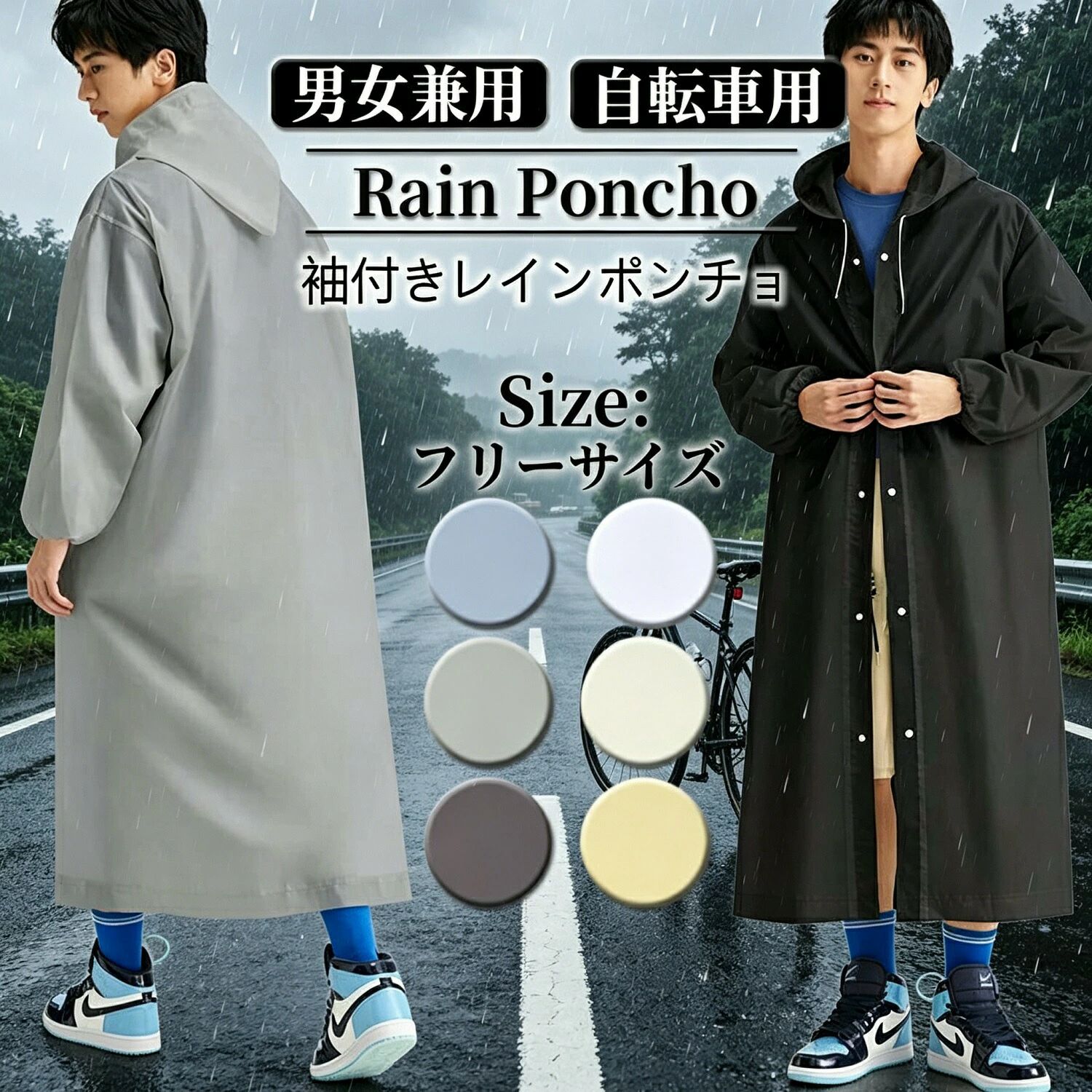 商品詳細商品名：レインコート素材：EVA（表面撥水加工 / 裏地防水加工）特徴：シームテープ加工 / 軽量 / 収納袋付き / 裾ゴム絞り / 背中プリーツ（リュック対応） / 大きめサイズあり商品説明あなたのDAYを、SUNNYに変える雑貨屋さん daysunnydaysunnyのレインコートは、表面撥水＋裏地防水のEVA素材を採用。縫い目にはシームテープ加工で雨の侵入を防ぎます。 優れた防水性：小雨も本格的な雨も安心。PVCより高価ですが通気性柔軟性に優れ、動きやすい素材です。 持ち運びラクラク：収納袋は大きめ設計。適当に丸めても簡単に収納できます。 便利な機能満載：裾ゴム絞りで動いた時のめくれ上がりを防止。背中プリーツを伸ばせばリュックをしたまま着用可能。 大きめサイズも用意：身長が高い方や足元までカバーしたい方に。ご注意モニター環境により色味が異なる場合があります。製造上の細かな汚れ、シワ、糸のほつれがある場合があります。製品更新により予告なくデザイン色が変更される場合があります。簡易梱包にご協力ください。返品交換は原則不可（初期不良を除く、到着後3日以内にご連絡ください）。購入前のご確認事項商品発送後のキャンセルは全額返金できない場合があります。在庫切れの際はご了承ください。不明点はメールにてお問い合わせください。関連キーワードレインコート / 雨具 / 撥水 / 防水 / EVA / シームテープ / 軽量 / 収納袋付き / リュック対応 / 大きいサイズ / 通勤 / アウトドア / ギフト / daysunny