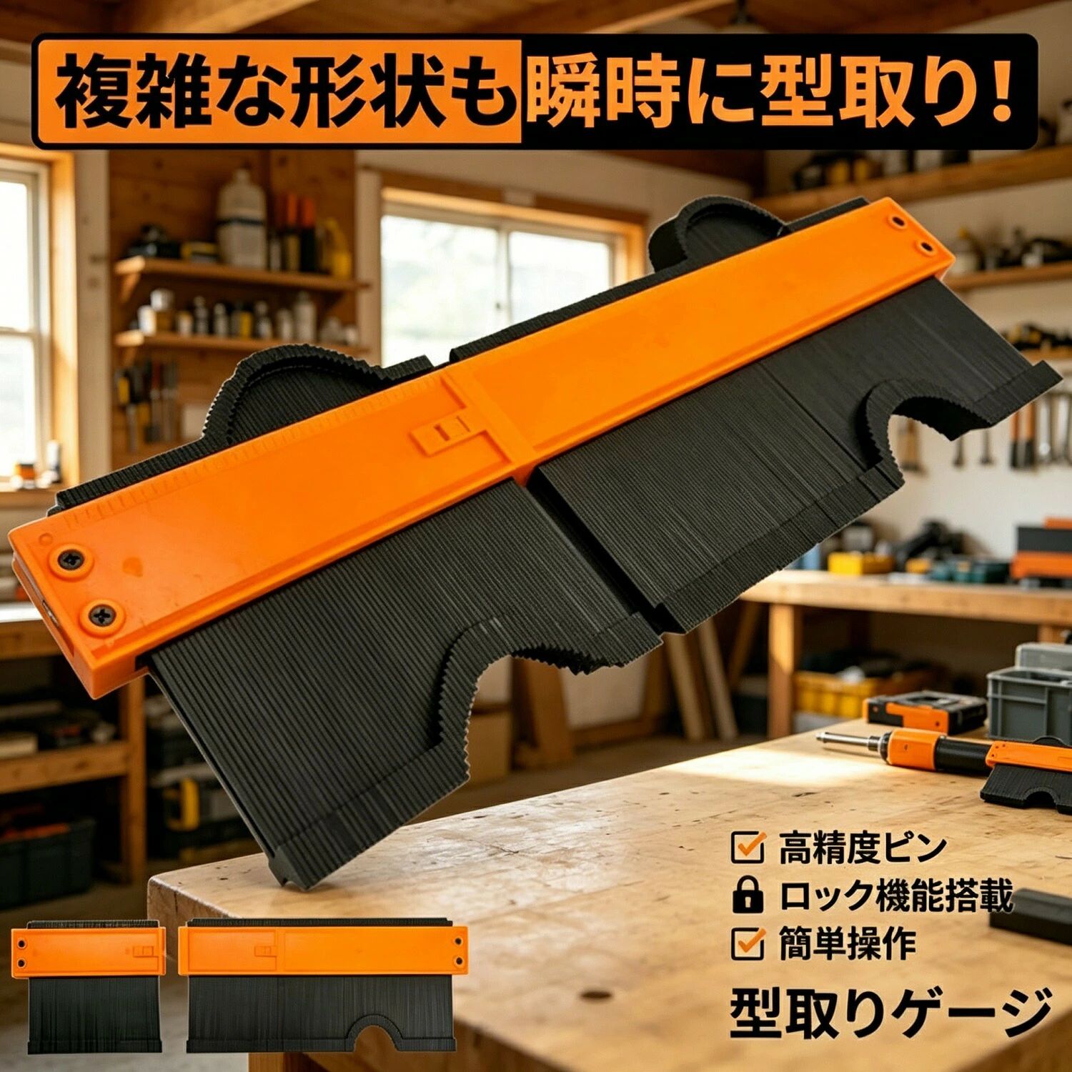 商品詳細商品名：型取りゲージ / コンターゲージセット内容：大小 2サイズ1組大サイズ：約27.3×13.8×1.8cm（測定幅約25cm）小サイズ：約14.2×13.8×1.8cm（測定幅約12.4cm）目盛り：cm / inch 表記素材：高品質ABS樹脂特徴：ロック付き / 連結可能 / 3WAY使用 / 高精度 / 形状記憶商品説明あなたのDAYを、SUNNYに変える雑貨屋さん daysunnydaysunnyの型取りゲージは、複雑な曲線や凹凸をサッと押し当てるだけで正確にコピーできる測定工具です。 連結可能：2サイズを連結させて最大約40cmまで1度に型取り可能。別々でも3WAYで使えます。 ロック機能付き：型を取った後にピンが動くのを防止。写し取った輪郭を強力に固定します。 高精度＆スムーズ：細かく滑らかに動くブラックピンが複雑な輪郭にぴったり密着。 対象物を傷つけない：高品質ABS樹脂製。軽量で高耐久、サビにも強い素材です。活用シーンフローリング / カーペット / タイル / 壁紙 / クロス施工 / 木工 / DIY / 家具補修 / 配管 / 自動車板金ご注意簡易包装でのお届けとなります。モニター環境により色味が異なる場合があります。購入前のご確認事項商品発送後の住所変更は不可。完璧品をお求めの方はご購入をお控えください。関連キーワード型取りゲージ / コンターゲージ / 輪郭コピー / 曲線定規 / 形状記憶 / ロック付き / 連結可能 / DIY工具 / 木工 / 測定工具 / プロ仕様 / ギフト / daysunnyメーカー希望小売価格はメーカーサイトに基づいて掲載しています