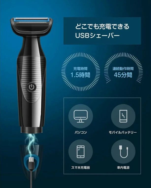 商品説明商品情報 ボディシェーバーは3種類の刃が搭載され、長い毛や癖毛は前後2種のトリマー刃でしっかりカットし、最後は中央のネット刃でお肌に優しくシェービングすることで深剃りを実現します。前のストレート型トリマーで腕や胸、お腹などの広範囲を効率よく除毛でき、後ろのカーブ型トリマーでワキ、顎のしたなどの処理しにくい部位にフィットし、剃り残すことなくケアできます。全身の無駄毛処理がこの1台で実現します。男性専用ムダ毛シェーバーは高品質でアレルギー防止ステンレス刃を使っており、肌が弱い方でも安心に使用いただけます！丸みを帯びた刃先で肌を優しくケアしてくれデリケートな部位にもやさしい設計です。IPX6防水設計、USB充電口もボディシェーバー内に内蔵され、本体丸ごと水洗いOK！乾いた状態でも、せっけんやボディソープなどの泡をつけてお風呂剃りも泡剃りもできます。ご注意・製品の性質上、サイズに関して多少の誤差は発生してしまいますので、何卒、ご了承下さいませ。・お使いの端末によって実際の商品と色が若干異なる場合がございます。■商品の交換・返品につきまして■お客様のご都合による商品の交換につきましては、往復の送料をご負担いただきます。未使用品のみ、交換・返品の対象となります。使用痕がある等の商品につきましては、交換・返品をお受けできません。 <