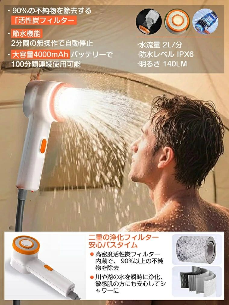 関西酒場ショップのハイパワー 屋外照明 ポータブルシャワー 海水浴 水流量無段階調節 キャンプ アウトドア 簡易シャワー 釣り ライト 電動 洗車 USB充電式｜アングル3