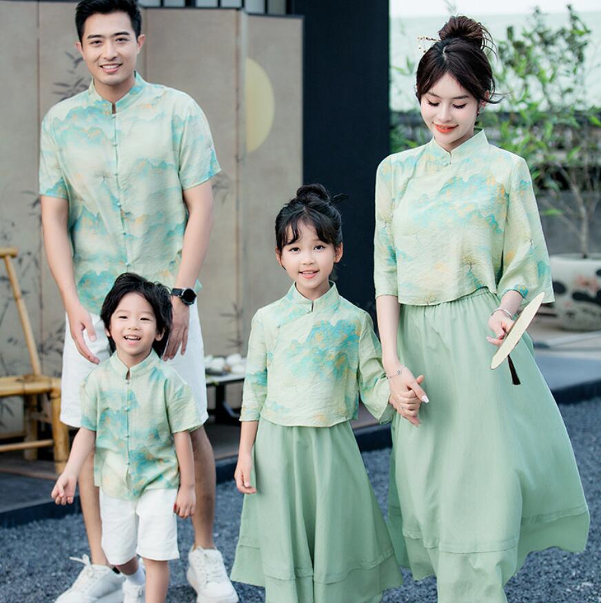 親子 ペアルック 親子コーデ チャイナ服 セットアップ 夏 親子お揃い 親子ペア 花柄 シャツ パンツ ス..