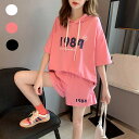 レディース カジュアルパンツセット 夏 部屋着 セットアップ スウェットセット 上下セット Tシャツ 半袖 ショートパンツ プリント ルームウェア パジャマ ゆ...