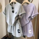 レディース カジュアルパンツセット 夏 部屋着 セットアップ スウェットセット 上下セット Tシャツ 半袖 ショートパンツ プリント ルームウェア パジャマ ゆ...