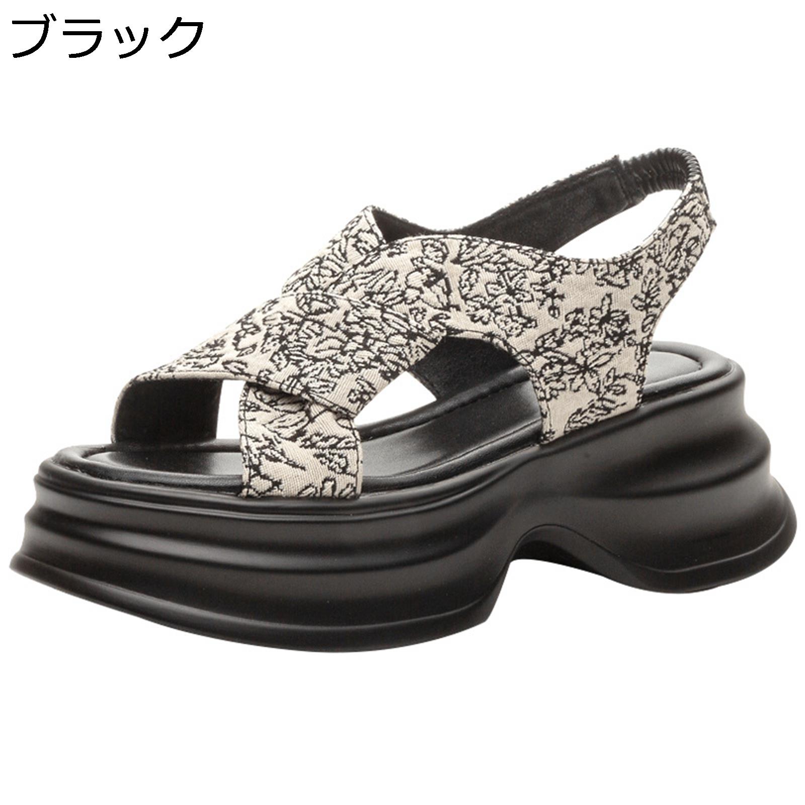 サンダル 厚底 レディース 太めヒール スリッポン Xストラップ オープントゥ クッション 花柄 耐摩耗性 4CMヒール 通気 防滑 快適 フィット感 仕事 日常用 お出かけ デイリー キャンパス