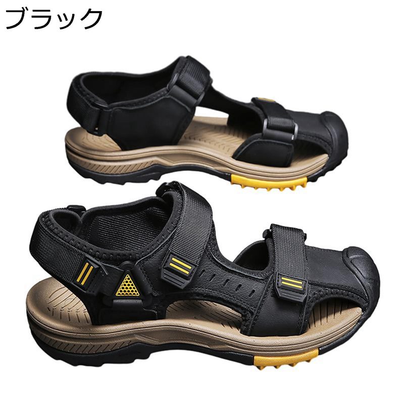ドライバーサンダル サンダル 夏用 レザー メンズ スポーツサンダル 本革 大きいサイズ つま先保護 アウトドアサンダル マジックテープ..