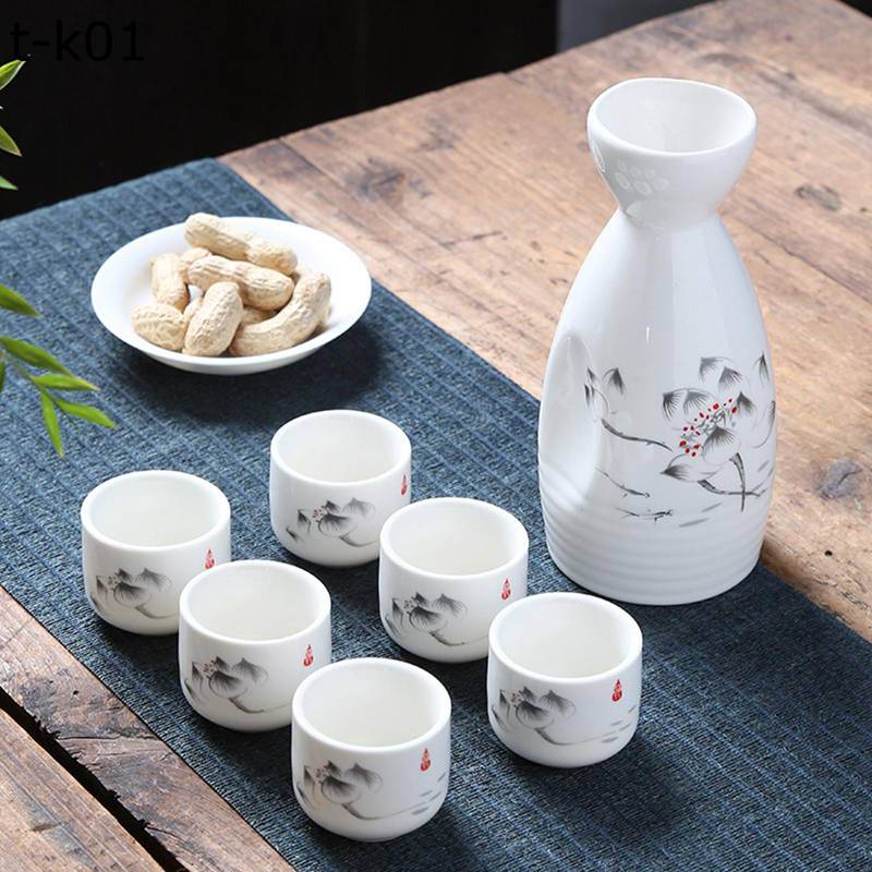 酒器セット セラミック 7点セット 徳利 花柄 猪口 ぐい呑 おちょこ 日本酒用 酒水差し 燗器 ボトル お酒入れ 徳利1個 ぐい呑み6個セット 日式 クラシック 電子レンジOK 贈物 ギフト 花見 冷酒 宴会