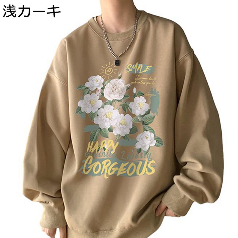 スウェット メンズトレーナー ツバキの花柄 春秋 長袖 防寒 ドロップショルダー 暖かい プルオーバー オシャレ 男女兼用 パーカー 厚手 気持ちいい お揃い カジュアル 普段着 ヒップホップ トップス