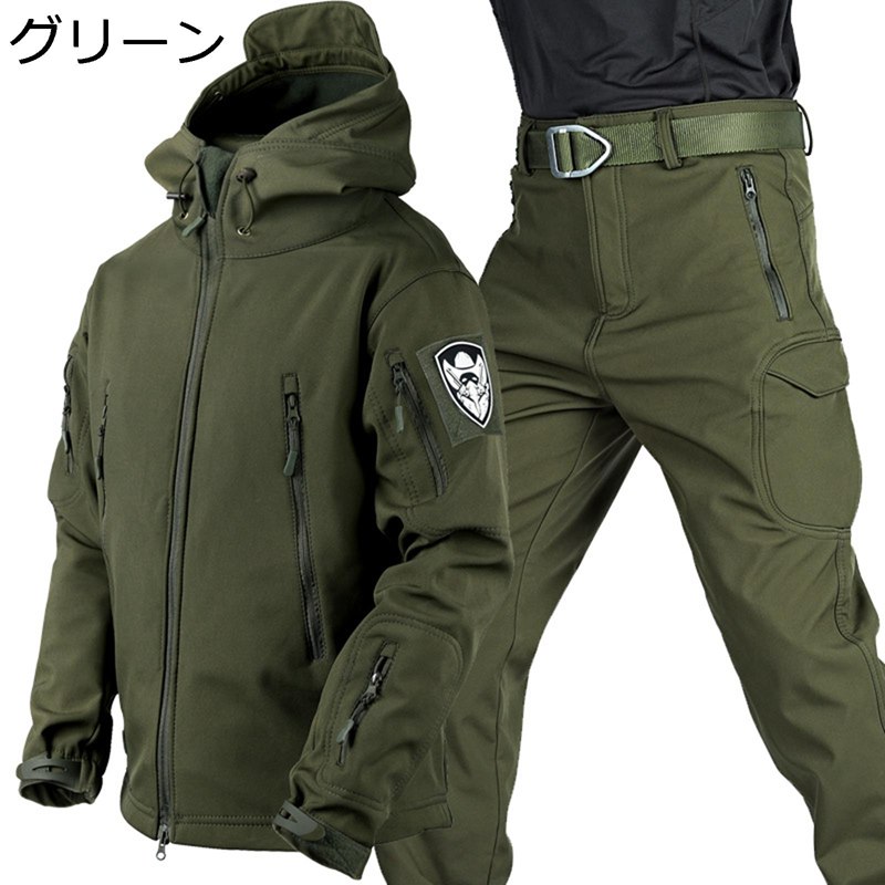 感謝マーケットの戦闘服 メンズ 上下セット ミリタリージャケット ソフトシェルジャケット サバゲー 作業服 迷彩服 フード付き 長袖 防寒 耐久性 マルチポケット 修理工場 ワークウェア アメカジ アウトドア 登山｜アングル3