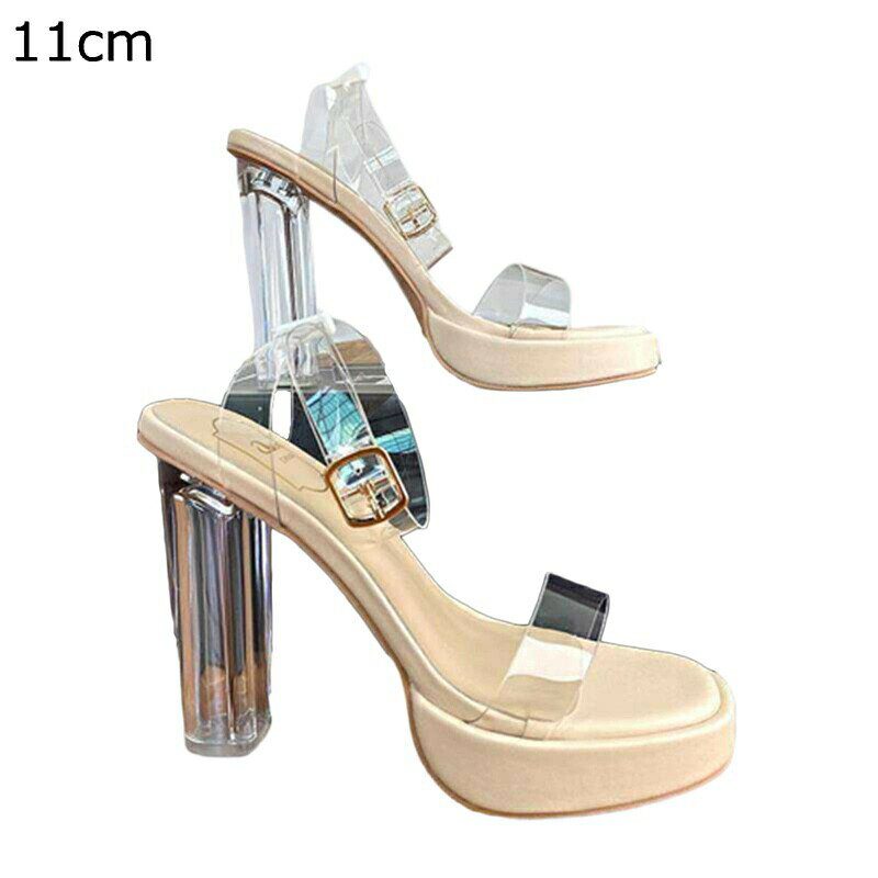 Women'S Shoes - サンダル サマーサンダル 甲ストラップ 透明 クリア バックル 粗いかかと レディース ハイヒール レトロ イギリス風 欧米風 スクエアトゥ 日常着用 会社用 パーティー 美脚 きれいめ 花嫁