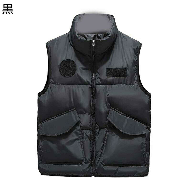 Vests - ダウンコットンベスト メンズ 兜布口袋 中綿入 ベスト ジップアップ 大きいサイズ 立ち襟 ライト チョッキ 袖なし あたたかい アウター 秋冬 軽い 蓄熱 保温 オシャレ ビジネス 職場 通勤