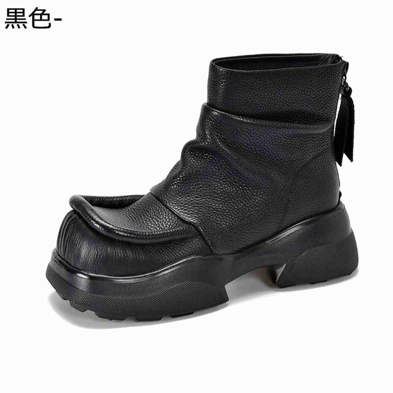 ショートブーツ ハイカット 厚底 本革 レディース バックジップ くしゅくしゅ おでこシューズ 細見え アンクルブーツ 安定感 秋冬 歩きやすい 防水 防滑 フェミニン コーデ パーティ ストリート デート