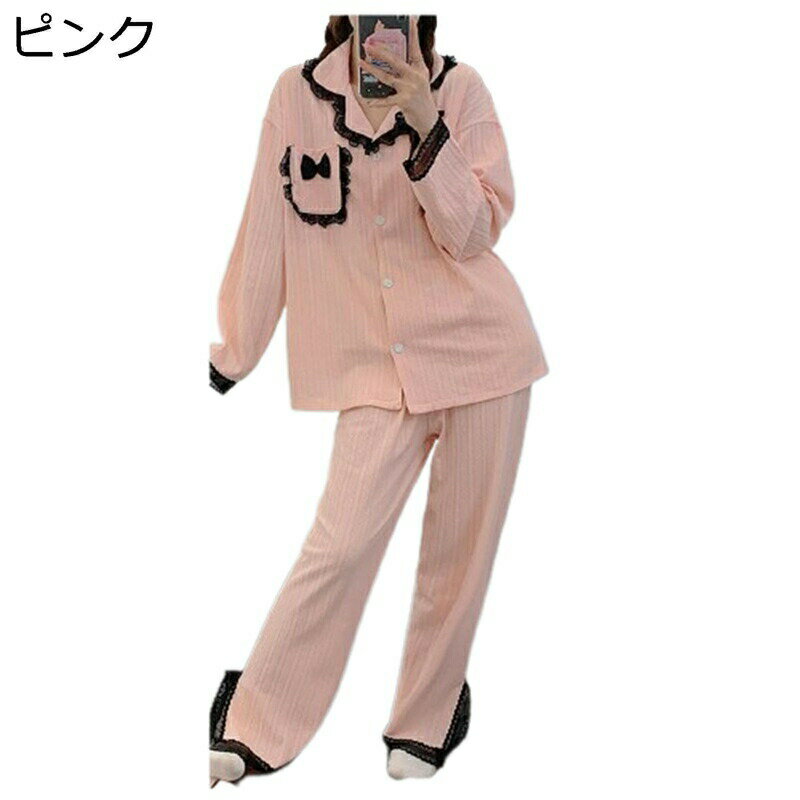 パジャマ レディース 長袖 寝巻き 上下セット 可愛い コットン ふんわり レース フリル リボン 吸汗 通気 吸湿 コンフォート 便利服 敏..