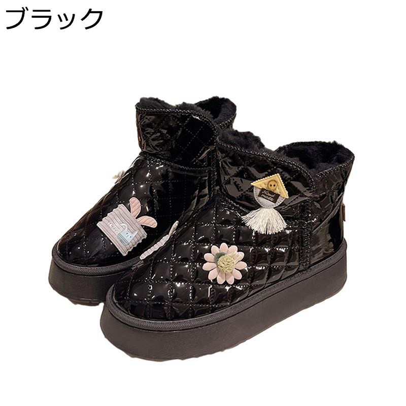 Saidogoa - ムートンブーツ 厚底 レディース ショート丈 雨雪用 花飾り 防水 スノー 雪靴 ラウンドトゥ 保暖 冬 5CMヒール エナメル スリッポン キャラクター 可愛い 防滑 防寒 裏ボア スノーブーツ