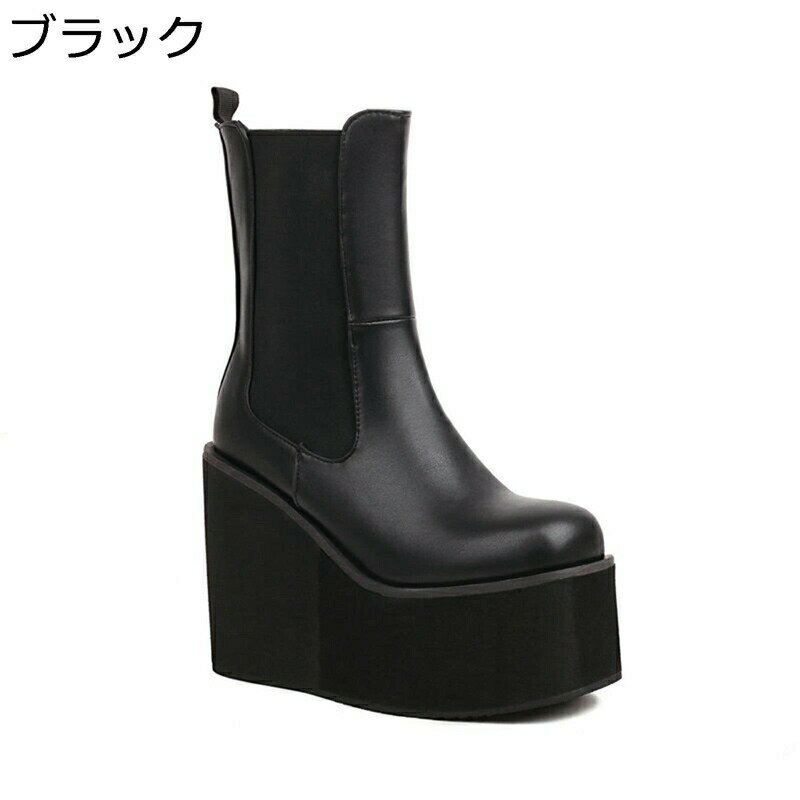 厚底 ショートブーツ レディース サイドゴア チェルシーブーツ スリッポン 11.5CMヒール ウェッジソール ハイヒール 身長アップ 秋冬 オフィス バイカラー 脱ぎ履き簡単 純粋 PUレザー