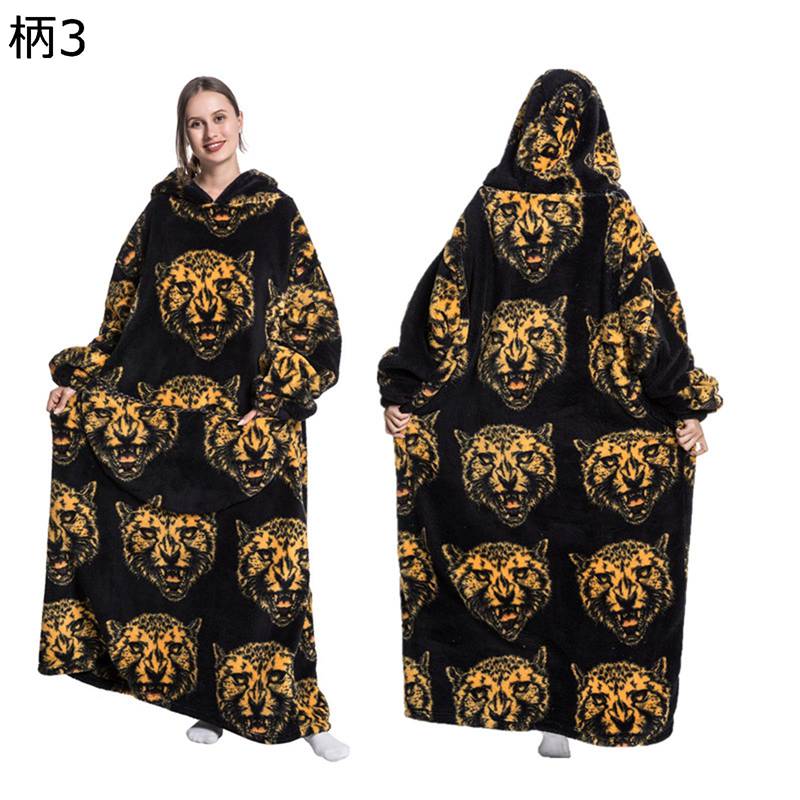 着る毛布 ブランケット ロング丈 アンクル丈 レディース メンズ 着るブランケット 着丈140cm きる毛布 総柄 フード付き ポケット付き 毛布着る フランネル ルームウェア 裏ボア 冷え対策 防寒 保温 冬服 kansyamarket-10065229 感謝マーケット サンプル画像3