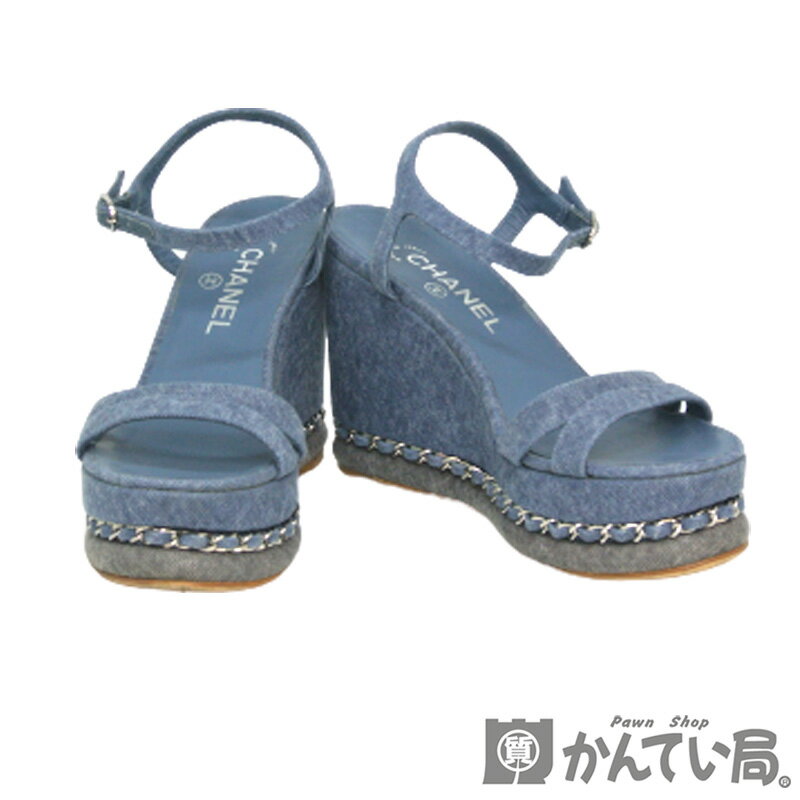 CHANEL【シャネル】サンダル パンプス オープントゥ ミュール ウェッジソール ストラップ ネイビー チェーン ココマーク レディース 靴 サイズ37 約23.5cm【USED-AB】【質屋かんてい局名古屋西店】のサムネイル