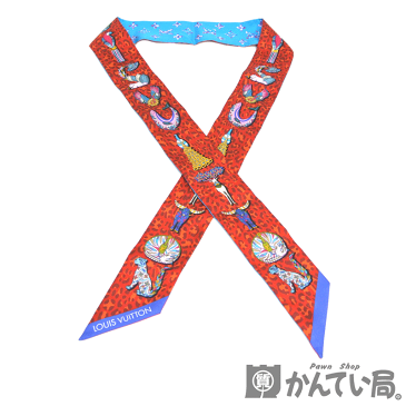 LOUIS VUITTON【ルイ ヴィトン】バンドーBB LVベスティアリ ツイリー リボン スカーフ アニマル レオパード モノグラム リバーシブル レッド ブルー シルク【中古】【USED-AB】【質屋かんてい局名古屋西店】